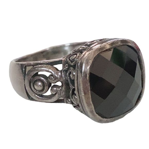 VTG 925 Sterling Silver Faceted Onyx Scroll Filigree Ring Size 6.75 Wide Band - Picture 7 of 11